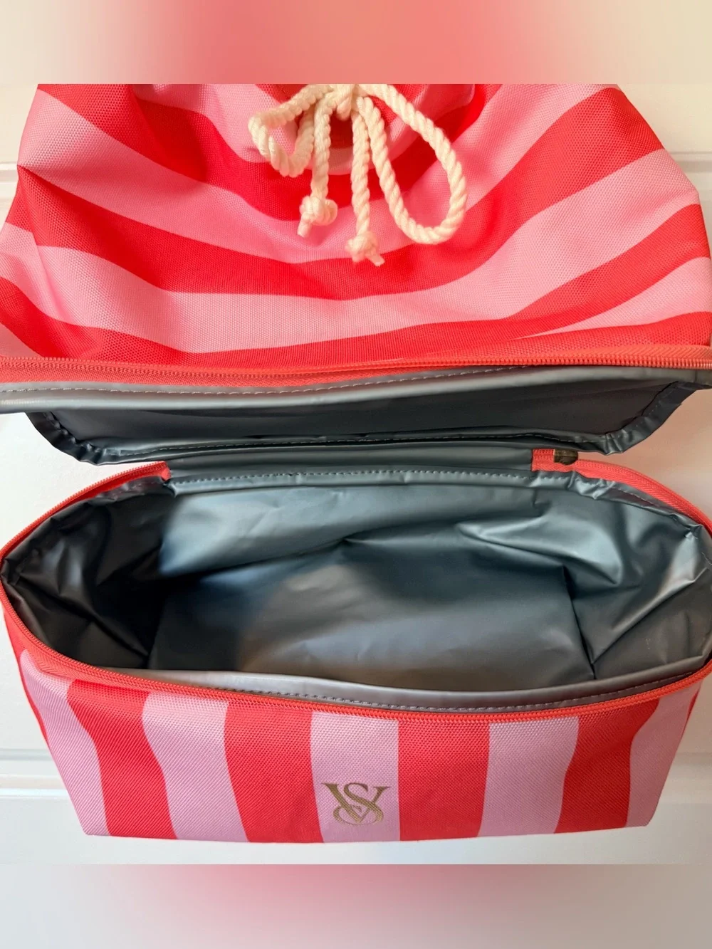 Victoria's Secret Coral Pink Striped Drawstring Backpack with Cooler-NWOT